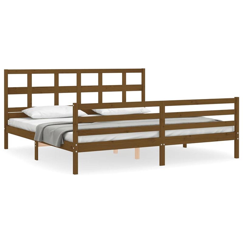 Foto van The living store houten bedframe - massief grenenhout - multiplex lattenbodem - 205.5 x 185.5 x 100 cm - honingbruin