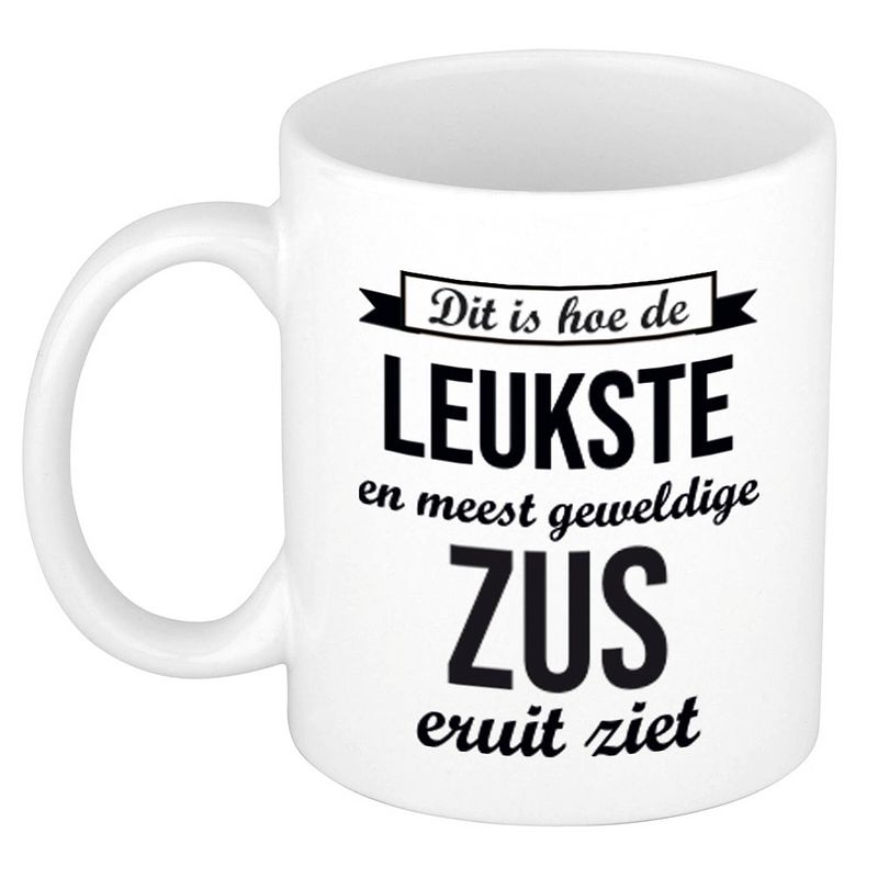 Foto van Leukste en meest geweldige zus cadeau koffiemok / theebeker wit 300 ml - feest mokken