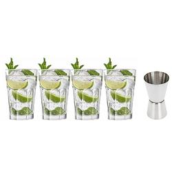 Foto van 4x cocktailglazen / mojito glazen transparant 410 ml met rvs maatbeker / barmaatje - cocktailglazen