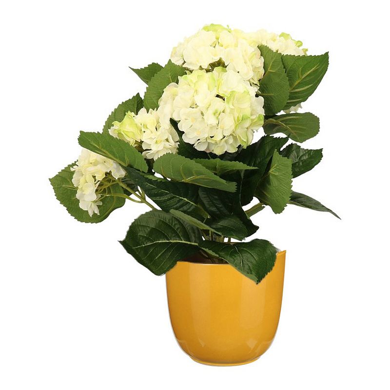 Foto van Hortensia kunstplant/kunstbloemen 36 cm - wit/groen - in pot okergeel glans - kunstplanten