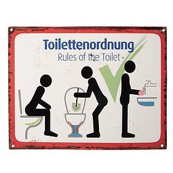Foto van Clayre & eef tekstbord 33x25 cm wit rood ijzer toilettenordnung rules of the toilet wandbord spreuk wandplaat wit