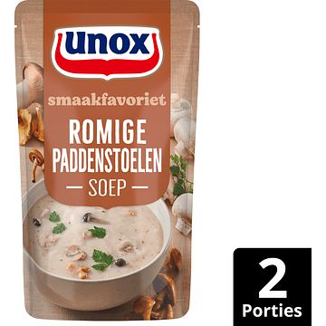 Foto van 2 zakken soep a 570 ml, pakken cupasoup a 3 stuks of single verpakkingen noodles of pasta | unox smaakfavoriet soep in zak romige paddenstoelen 570ml aanbieding bij jumbo