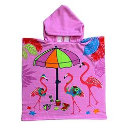 Foto van Bad cape/poncho - kinderen - flamingo print - 60 x 120 cm - microvezel - badcapes