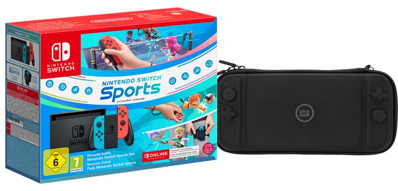 Foto van Nintendo switch rood/blauw + switch sports + nintendo switch online + beschermhoes