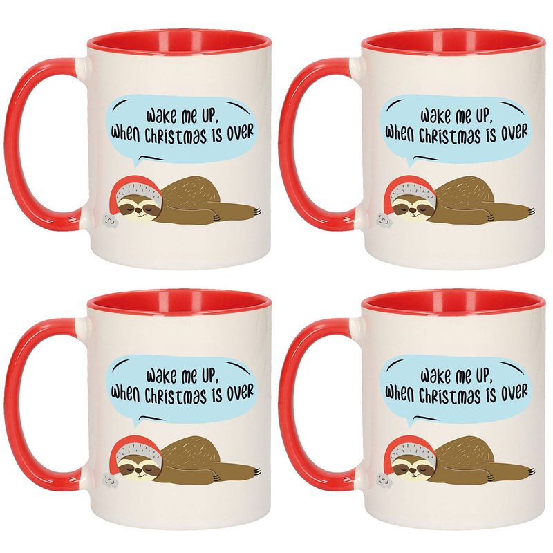 Foto van Set van 4x stuks wake me up when christmas is over kerstcadeau koffiemokken luiaard kerstmis 300 ml - bekers