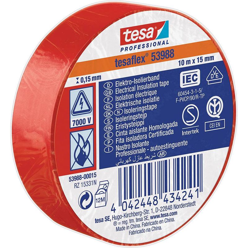 Foto van Tesa 53988-00015-00 isolatietape tesa professional rood (l x b) 10 m x 15 mm 1 stuk(s)