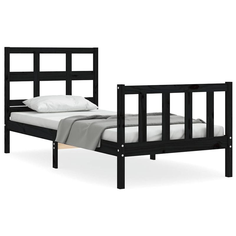 Foto van The living store massief grenenhouten bedframe - zwart - 205.5 x 105.5 x 100 cm - multiplex lattenbodem