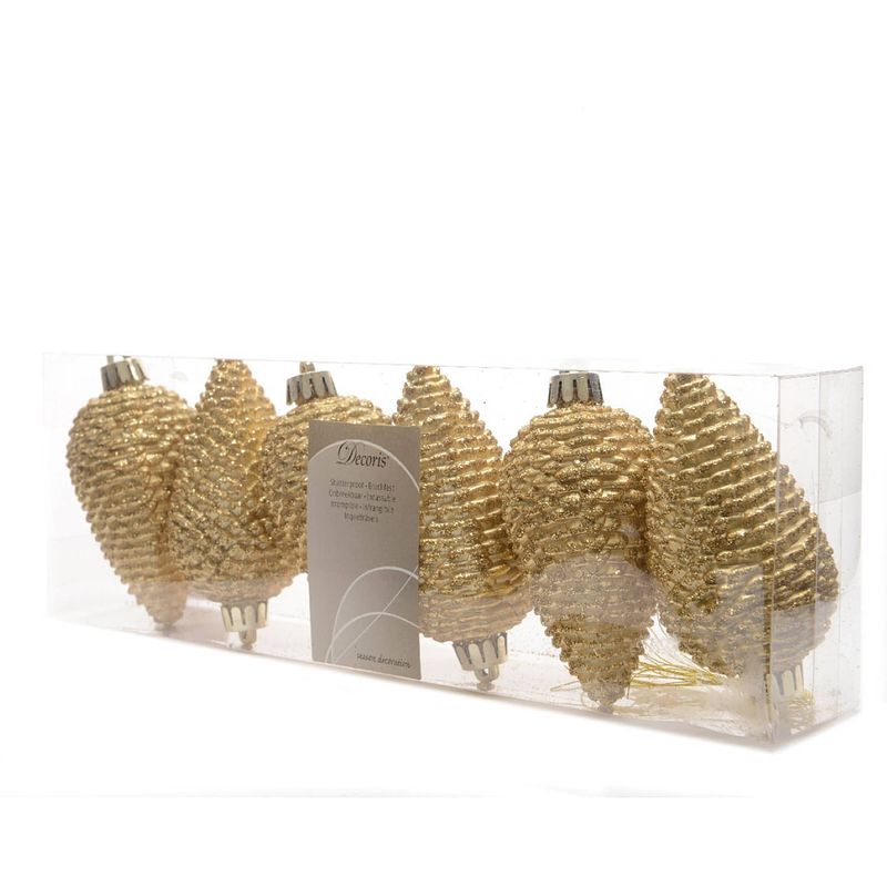 Foto van 3 stuks dennenappel plastic glitter hang 8cm licht goud ksd