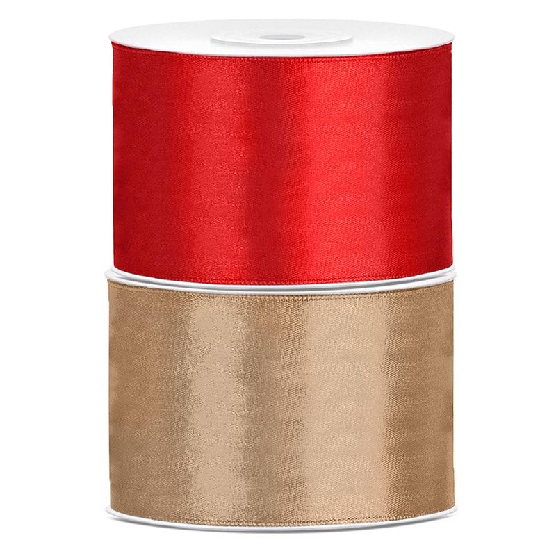 Foto van Bellatio decorations 2x rollen satijn sierlint 5 cm x 25 meter goud en rood - cadeaulinten