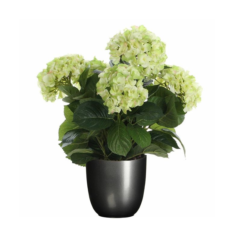 Foto van Hortensia kunstplant/kunstbloemen 45 cm - groen - in pot titanium grijs - kunstplanten