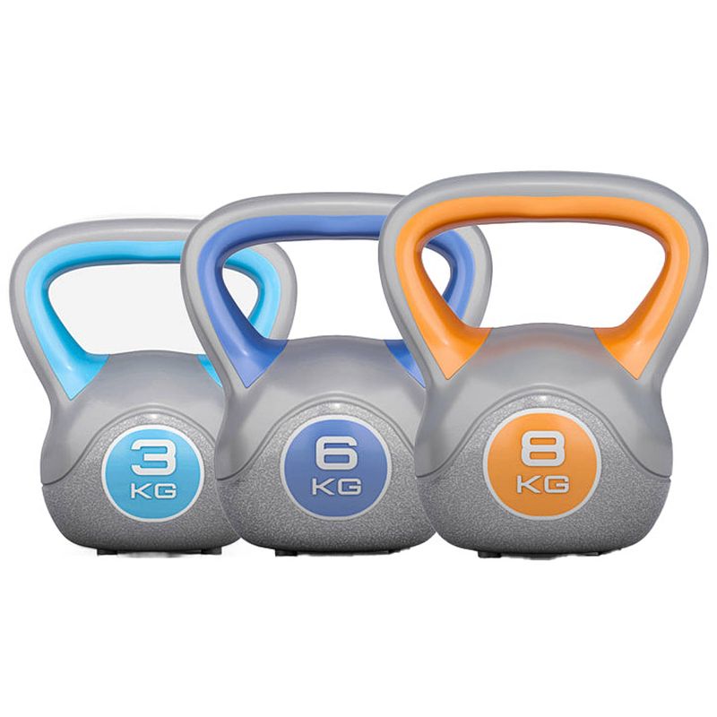 Foto van Gorilla sports kettlebells - kunststof trendy - 3 kg, 6 kg & 8 kg - set van 3