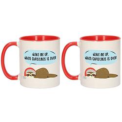 Foto van Set van 2x stuks wake me up when christmas is over kerstcadeau koffiemokken luiaard kerstmis 300 ml - bekers