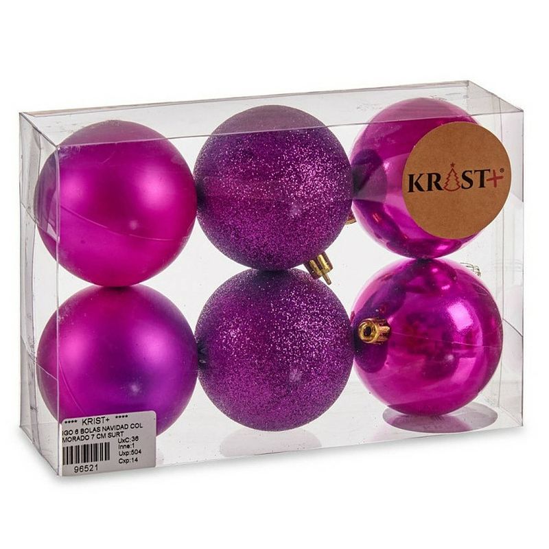 Foto van 6x stuks kerstballen paars kunststof 7 cm glitter, glans, mat - kerstbal