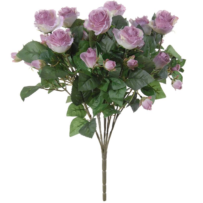 Foto van Louis maes kunstbloemen boeket rozen - lila paars - h50 cm - bloemstuk - bladgroen - kunstbloemen