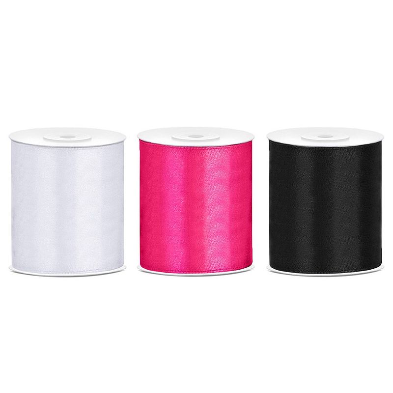 Foto van 3x rollen hobby decoratie satijnlint zwart-wit-fuchsia roze 10 cm x 25 meter - cadeaulinten