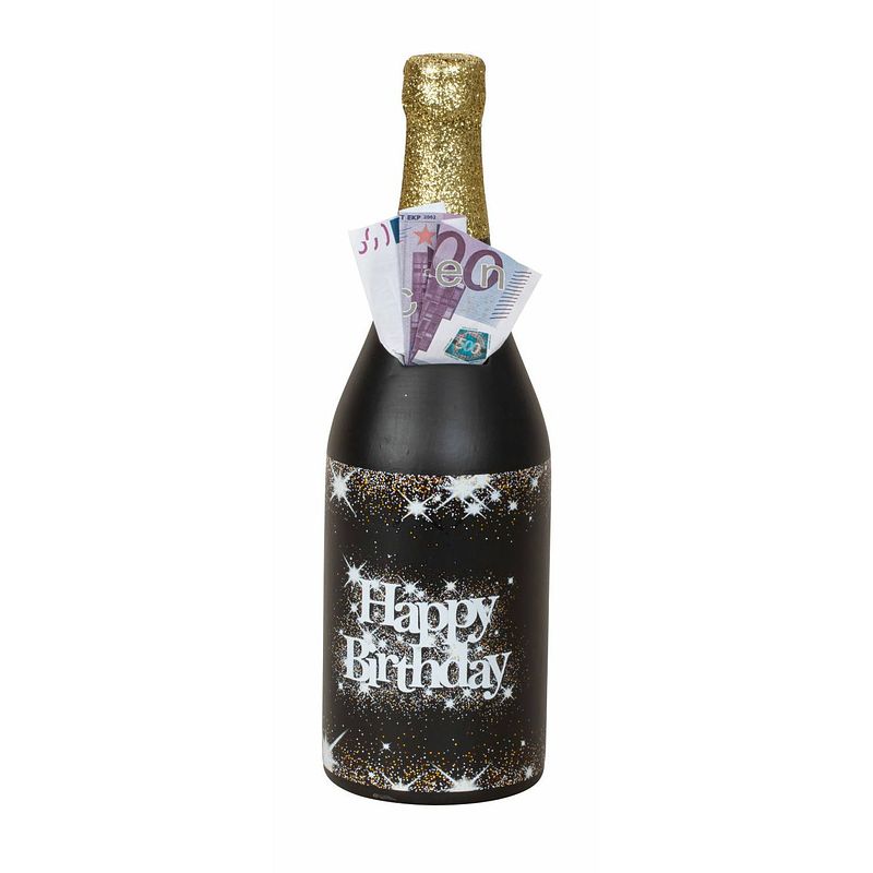 Foto van Spaarpot voor volwassenen - wijnfles/champagnefles - happy birthday - h31 x b10 cm - spaarpotten