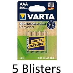 Foto van 20 stuks (5 blisters a 4 st) varta recharge accu recycled aaa oplaadbare batterijen 800 mah