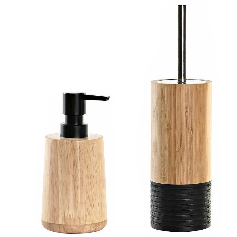 Foto van Toiletborstel met houder 38 cm en zeeppompje 290 ml bamboe/metaal - toiletborstels