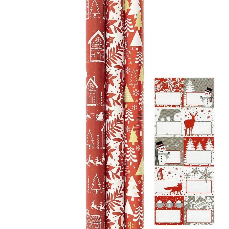Foto van Kerstpapier - cadeaupapier - inpakpapier - pakpapier - 3-pak -rood - plus naamlabels - 2mx70cm - kerst