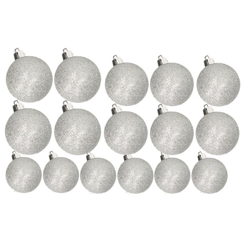 Foto van Kerstversiering set glitter kerstballen zilver 6 - 8 -10 cm - pakket van 50x stuks - kerstbal