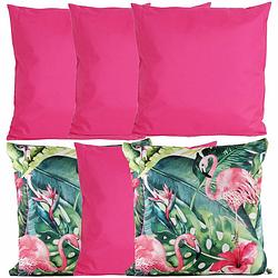 Foto van Bank/tuin kussens set - voor binnen/buiten - 6x stuks - roze/tropical print - 45 x 45 cm - sierkussens