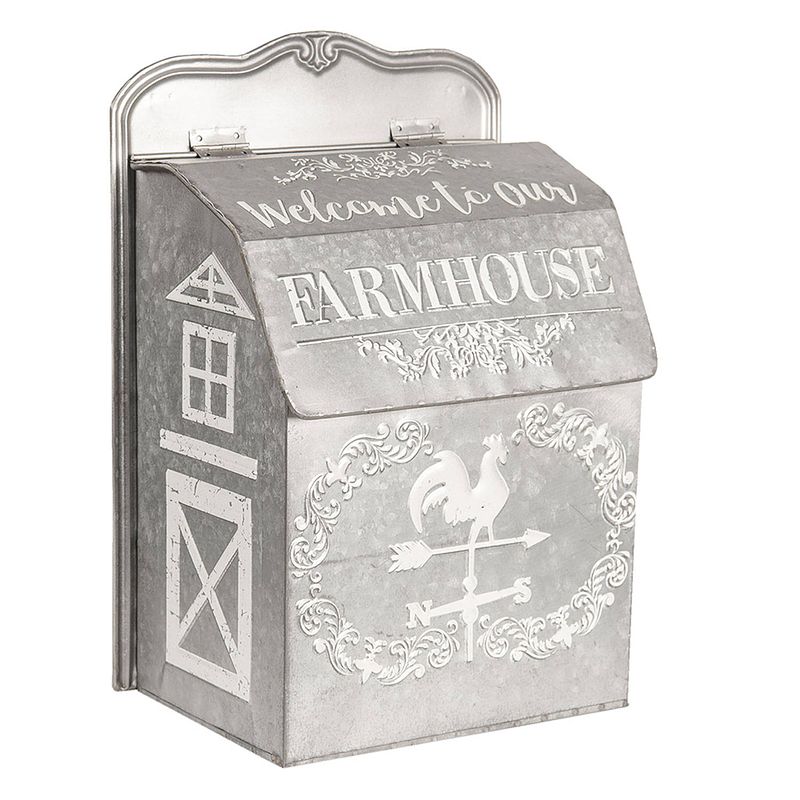 Foto van Haes deco - brievenbus vintage grijs metaal met haan en tekst ""farmhouse"", formaat 26x16x37 cm