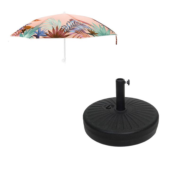 Foto van Roze parasol met bladeren 180 cm met bijbehorende parasolvoet