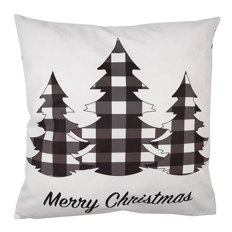 Foto van Clayre & eef kussenhoes 45x45 cm wit zwart polyester kerstbomen merry christmas sierkussenhoes wit sierkussenhoes