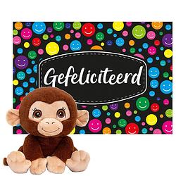 Foto van Keel toys - cadeaukaart gefeliciteerd met knuffeldier chimpansee aap 25 cm - knuffeldier