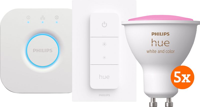 Foto van Philips hue white & colour starter 5-pack gu10 + dimmer