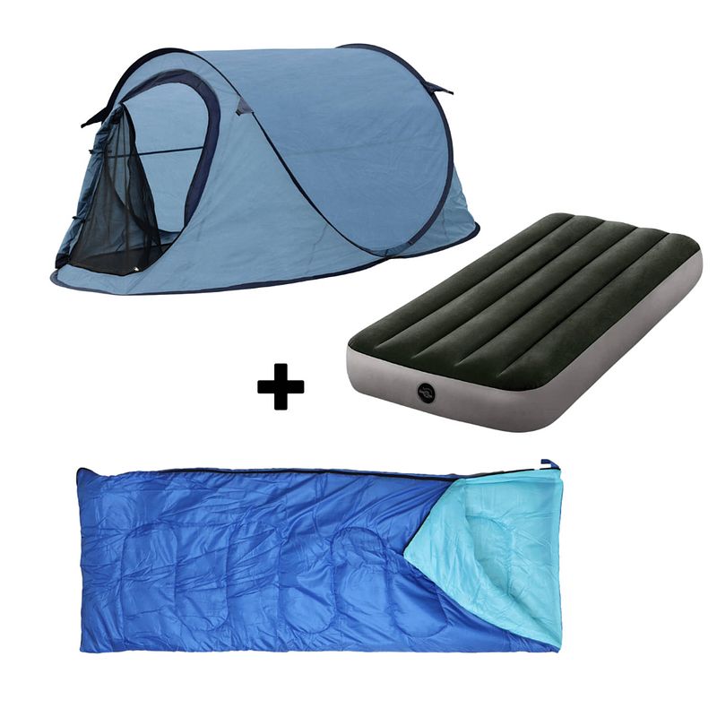 Foto van Hixa pop-up tent - 1 persoons - blauw - met tentharingen - en slaapzak - en luchtbed - 220x120x95cm - kamperen