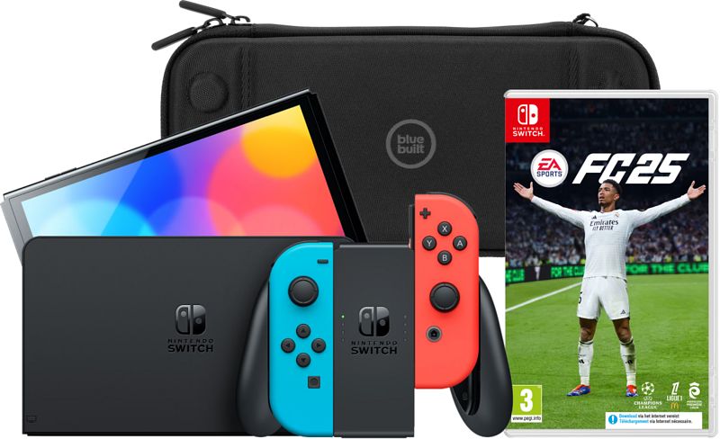 Foto van Nintendo switch oled blauw/rood + ea sports fc 25 + bluebuilt beschermhoes