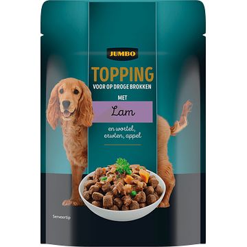 Foto van Jumbo hondenvoer topping met kip en wortel, erwten, appel 85g