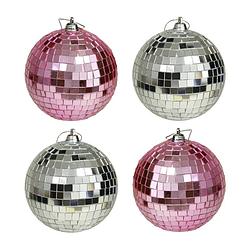 Foto van Kerstballen disco - 4x st - roze en zilver - 10 cm - kunststof - kerstbal