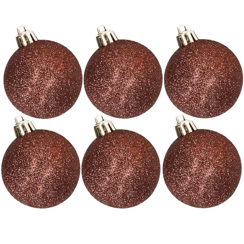 Foto van 6x stuks kunststof glitter kerstballen donkerbruin 8 cm - kerstbal