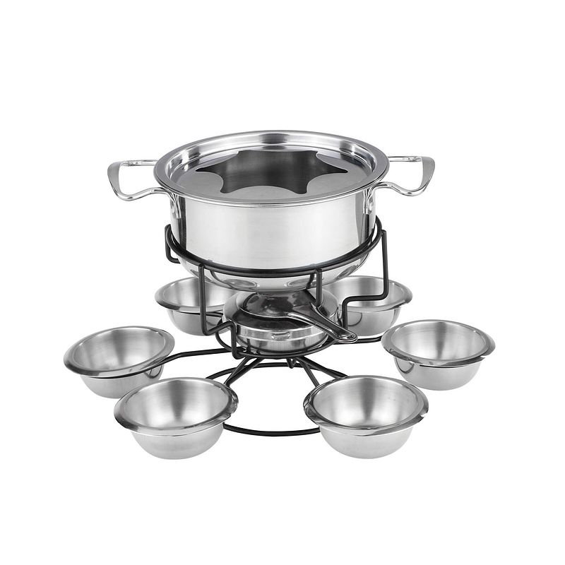 Foto van Gebor - fondue set - rvs - spiritus brander - compleet - 6 persoons - dipbakjes - vorkjes - lepeltjes