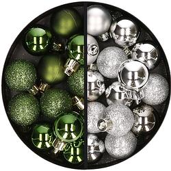 Foto van 34x stuks kunststof kerstballen groen en zilver 3 cm - kerstbal