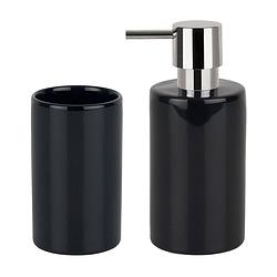 Foto van Spirella badkamer accessoires set - zeeppompje/beker - porselein - zwart - badkameraccessoireset