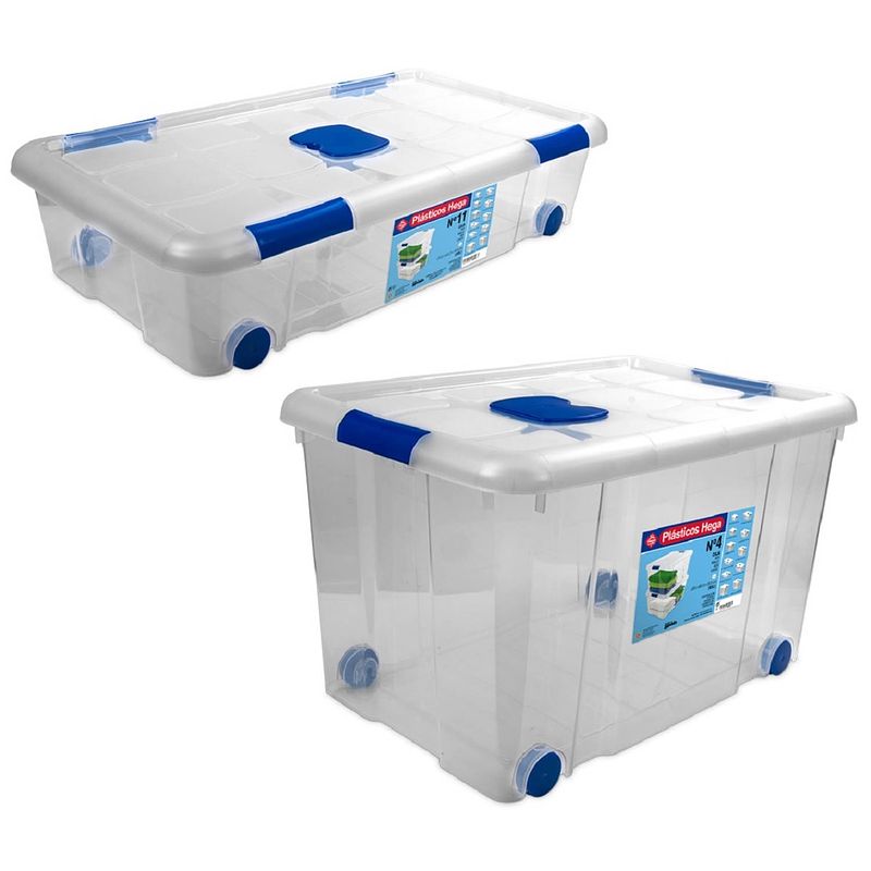 Foto van 2x opbergboxen/opbergdozen met deksel en wieltjes 31 en 55 liter kunststof transparant/blauw - opbergbox