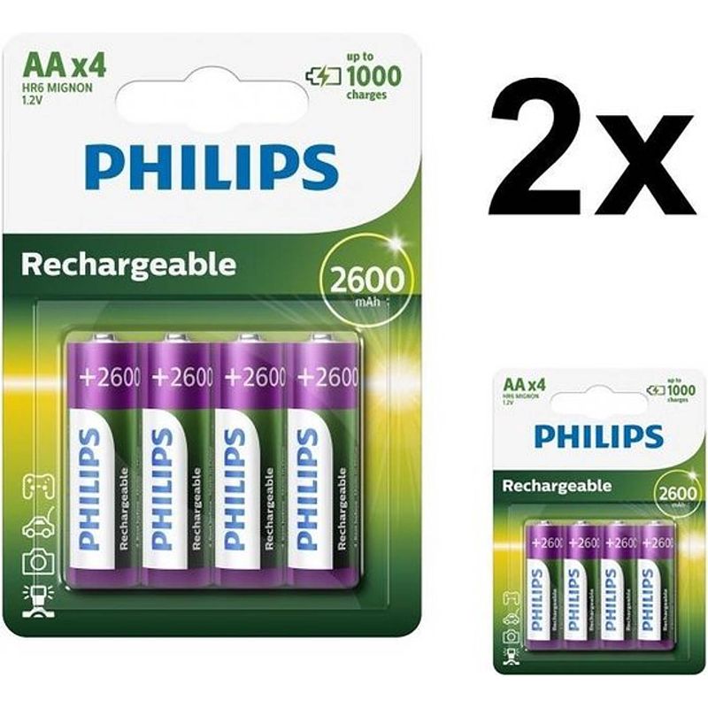 Foto van 8 stuks (2 blisters a 4st) - philips multilife 1.2v aa/hr6 2600mah nimh oplaadbare batterij