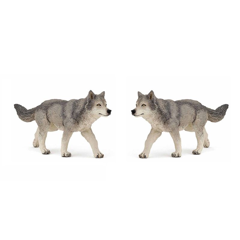 Foto van Set van 2x stuks plastic speelgoed figuur grijze wolf/wolven 12 cm - speelfiguren