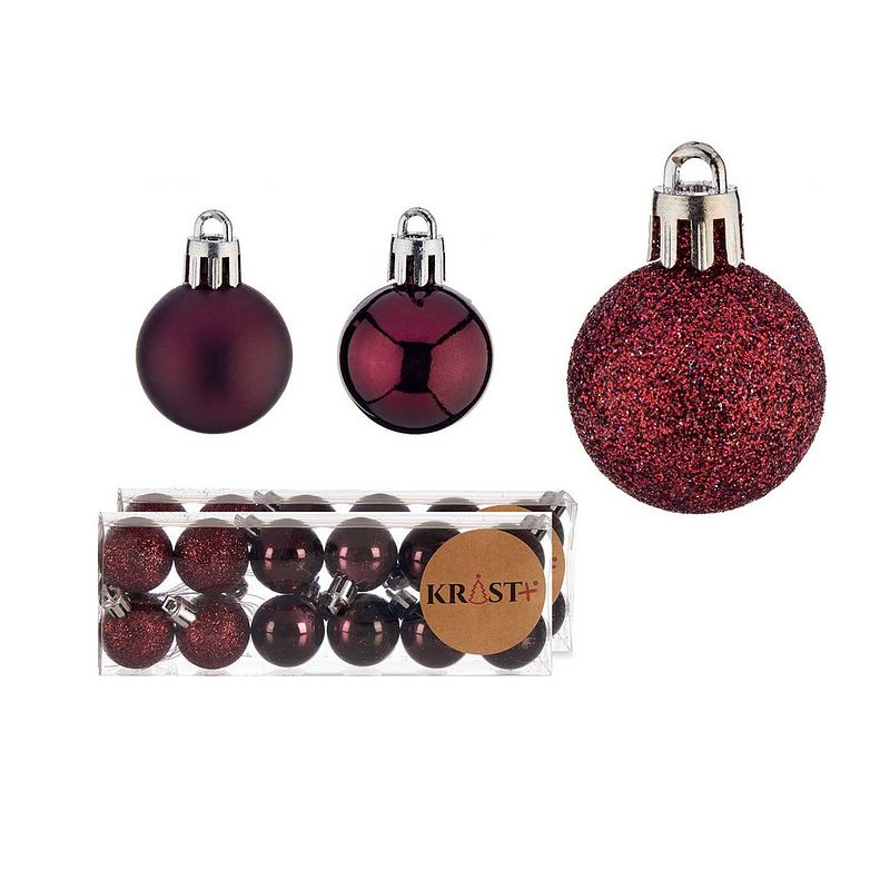 Foto van Krist+ mini kerstballen - 24x stuks - wijn/bordeaux rood - kunststof -3 cm - kerstbal