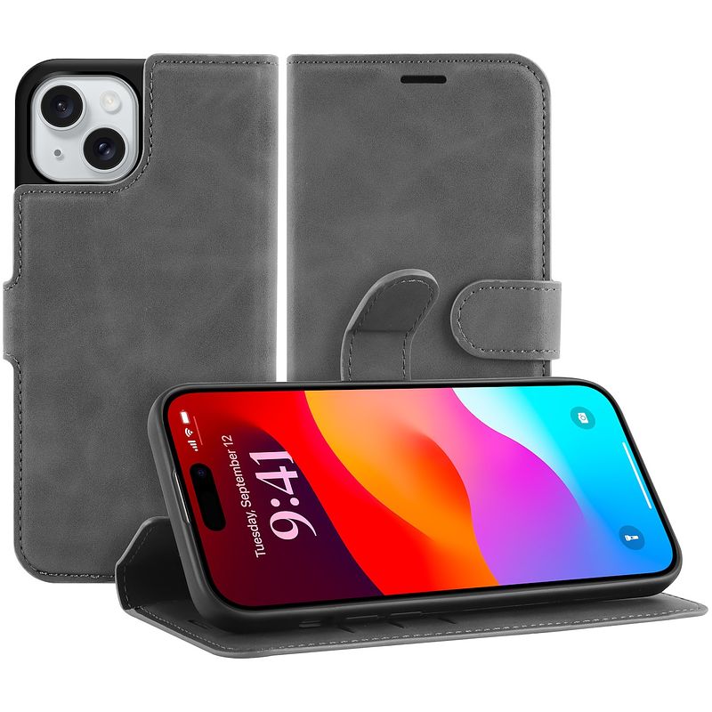 Foto van Just in case premium wallet case voor apple iphone 15 plus telefoonhoesje grijs