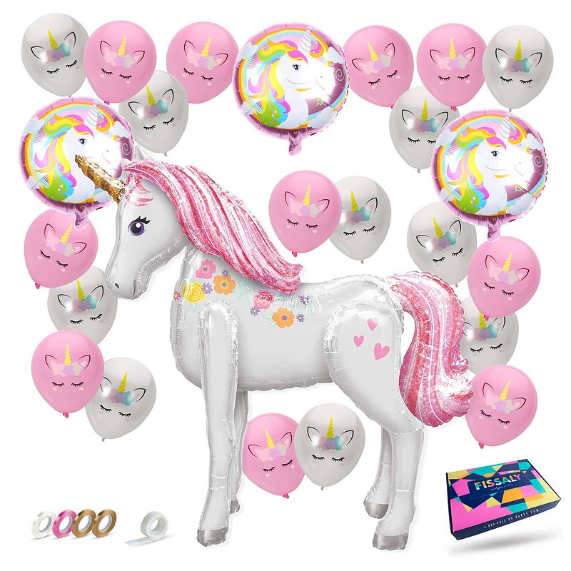 Foto van Fissaly® 30 stuks eenhoorn ballonnen versiering pakket - mega folie paard 117 cm set- verjaardag kind - prinses - helium