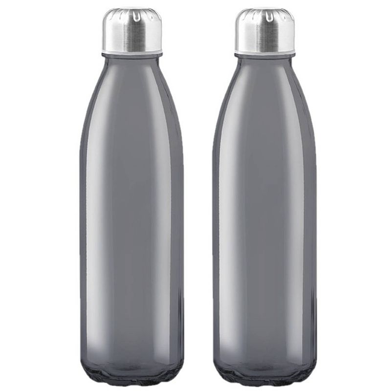 Foto van 2x stuks glazen waterfles/drinkfles zwart transparant met rvs dop 500 ml - drinkflessen