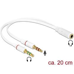 Foto van Delock headset adapter 1 x 3.5 mm 4 pin stereo jack female 2 x 3.5 mm 3 pin stereo jack male wit