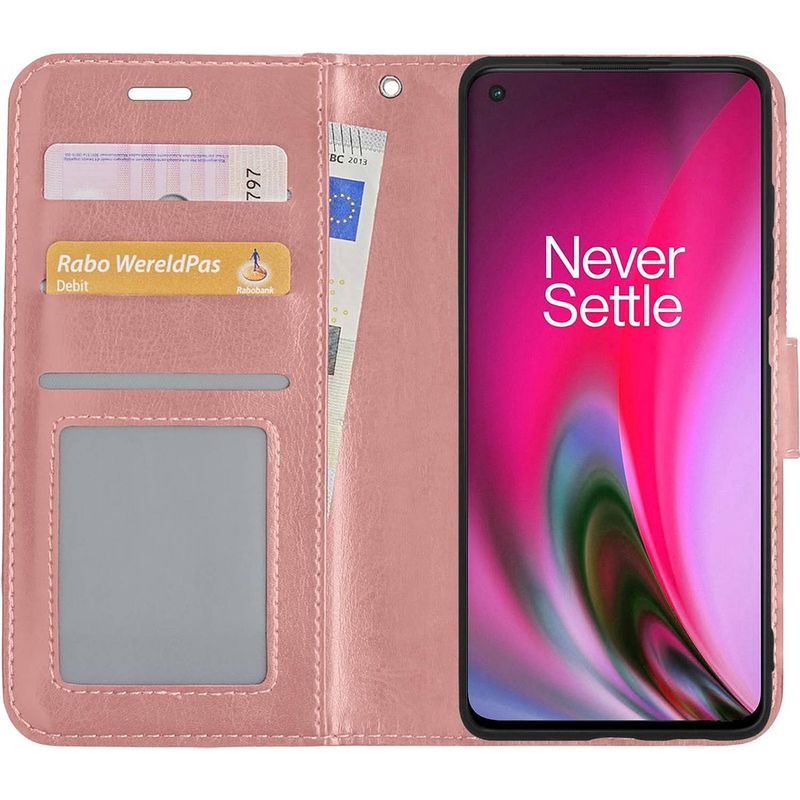 Foto van Basey oneplus nord 2 hoesje book case kunstleer cover hoes oneplus nord 2-rose goud