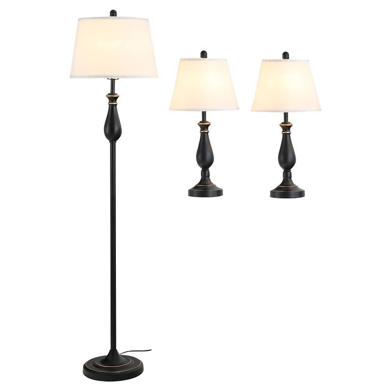Foto van Driedelige set van 1 staande lamp en 2 tafellampen - vloerlamp - stalamp - tafellamp - vintage - klassiek - zwart