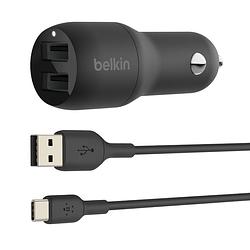 Foto van Belkin dual usb-a car charger + usb-a naar usb-c kabel - 24w oplader zwart