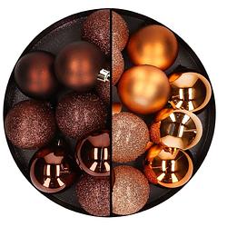 Foto van 24x stuks kunststof kerstballen mix van donkerbruin en koper 6 cm - kerstbal
